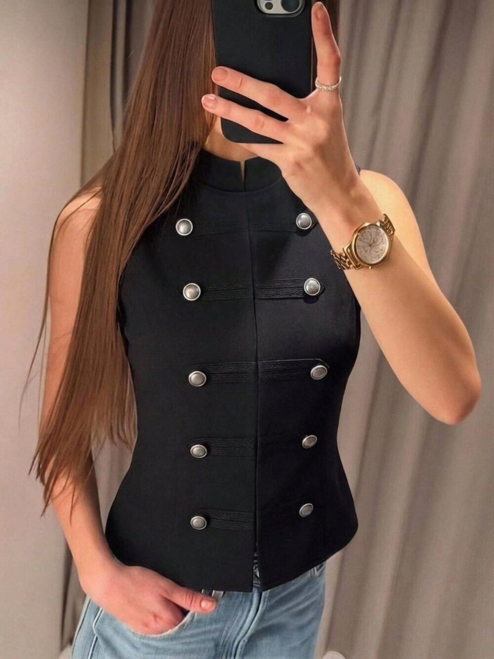 Black Casual Women's Sleeveless Fitted Double‑Breasted Vest